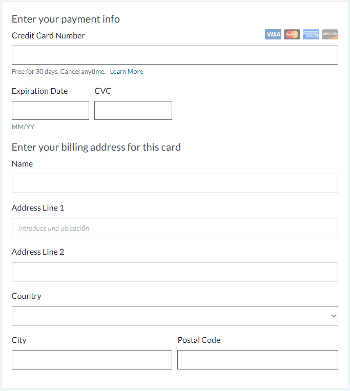 Introducción de la cuenta bancaria para la prueba gratuita de Moz Pro