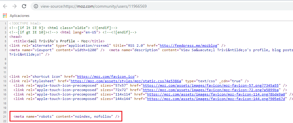 Código fuente del perfil de Moz: noindex, nofollow